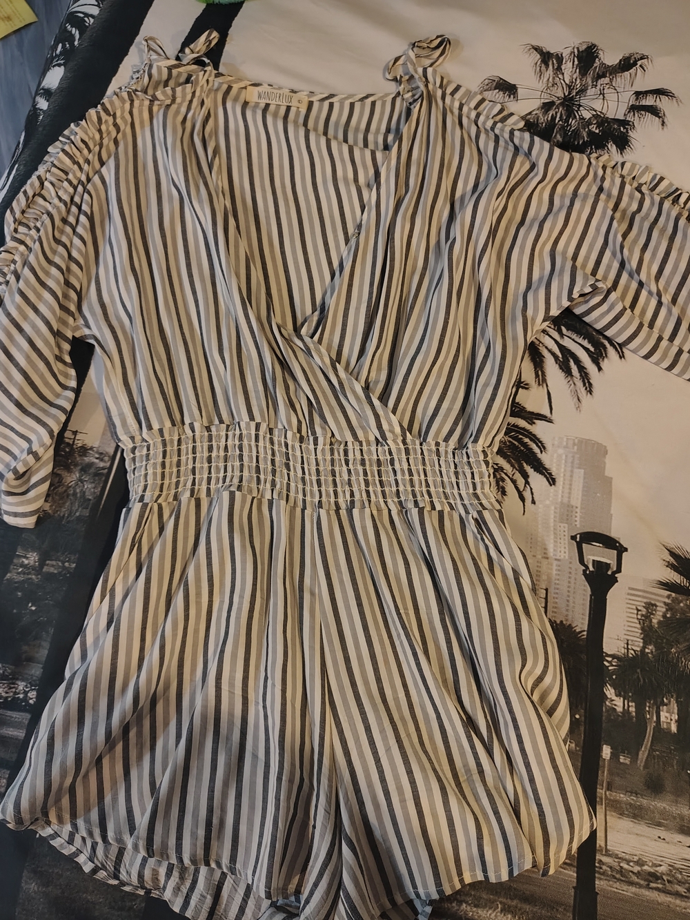 Striped V-Neck Short Jumpsuit in Blue and White